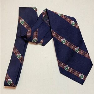 Vintage LOCHCARRON Classic Navy Blue Tie Tartan Accents & Crest Design Scotland